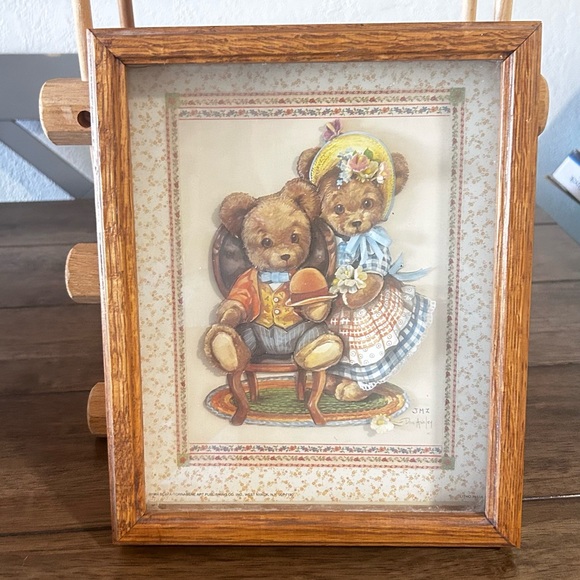 Vintage 3D Framed Teddy Bear Couple Art – Country Style Shadow Box – Wood Frame - Picture 1 of 6